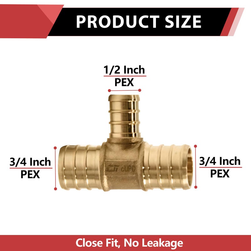 EFIELD (Pack of 5) Efield 3/4" x 3/4" x 1/2" Pex Reducing Tee Brass Barb Crimp Fittings,ASTM F1807,(PEX1807077-5PCS) - Image 2
